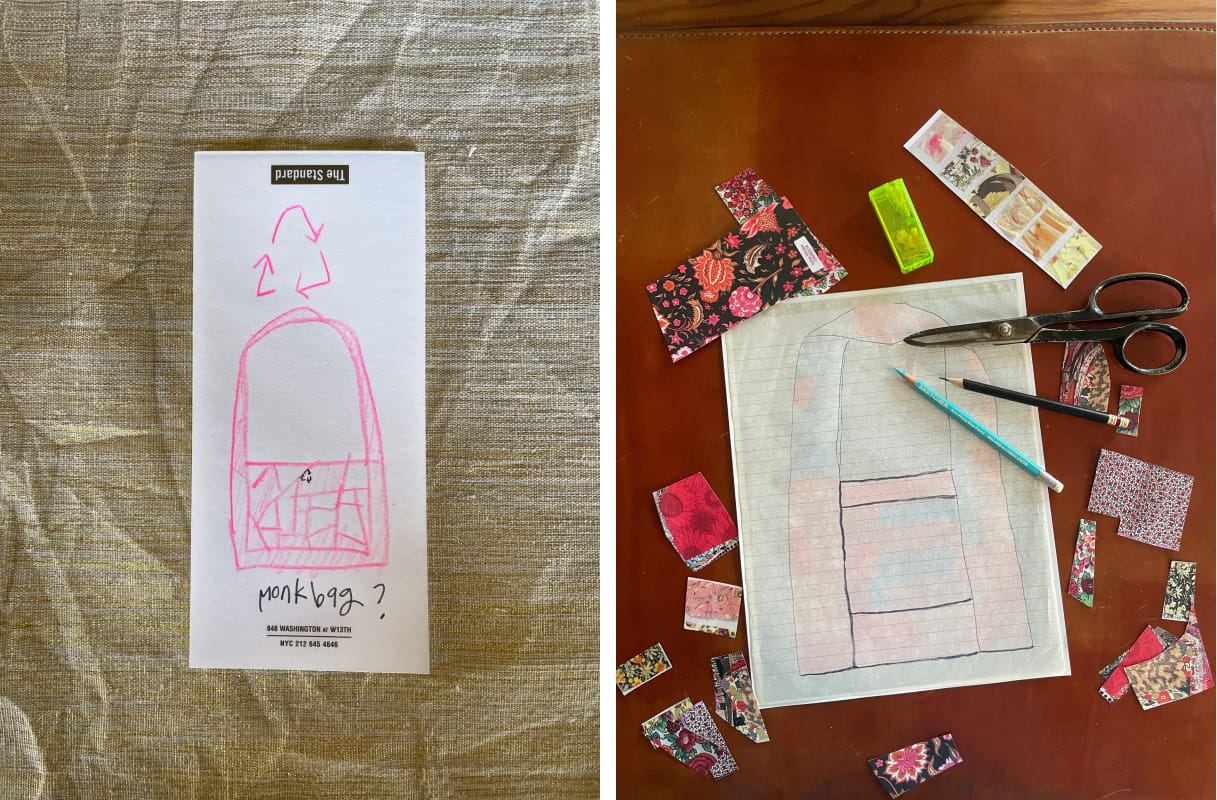 left: monk bag sketch / right: monk bag drawing in progress